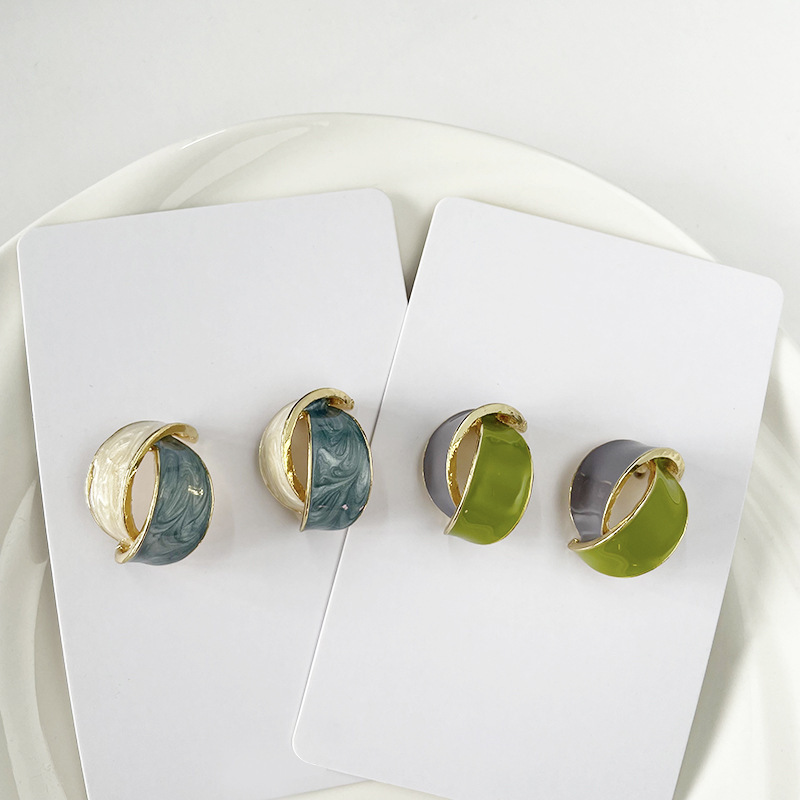 S925 Silver Needle French Artistic color-blocking earrings, retro color series silver needle stud earrings, simple and elegant alloy oil-dropping ears details Picture