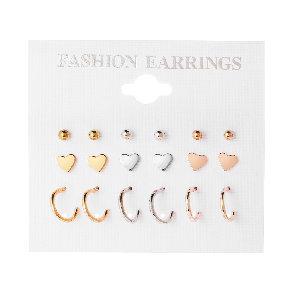 New European and American foreign trade earrings, creative heart-shaped stud earrings, women's ins style earrings, stud earrings, simple ear ring set 9-piece set Item Picture
