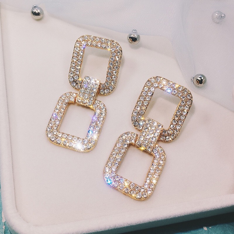 S925 Silver needle European and American exaggerated full diamond geometric rectangular personalized earrings, simple and elegant long earrings and earrings for women details Picture