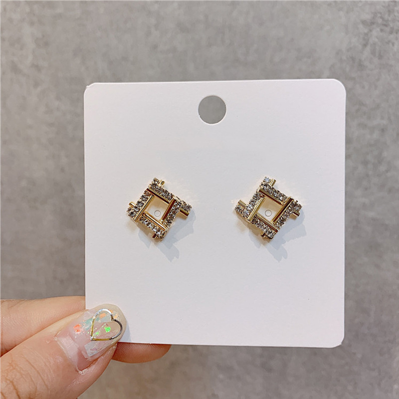 925 Silver Needle, versatile geometric square rhinestone stud earrings from Dongdaemun, South Korea, fashionable and trendy style earrings and earrings details Picture