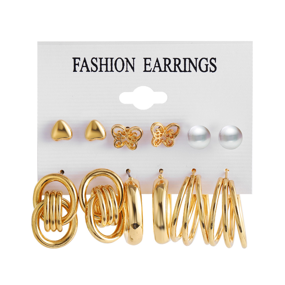 Wholesale of new cross-border personalized punk-style gold earrings, creative metal heart-shaped butterfly earrings set of 6 pieces Item Picture