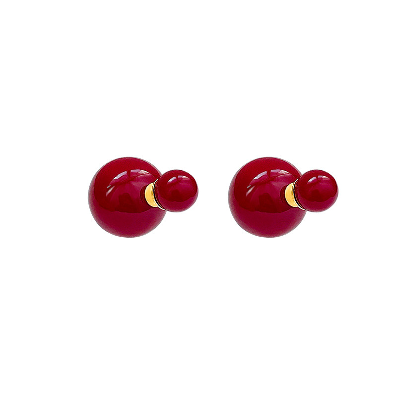 Double-sided large and small pearl stud earrings, Ankela red double-wear earrings, light luxury, high-end, niche and unique style earrings Item Picture