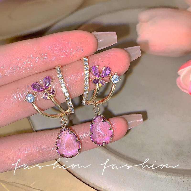 Purple zircon elegant stud earrings, light luxury, niche, exquisite and high-end, suitable for round faces, tassel slimming earrings for women full figure