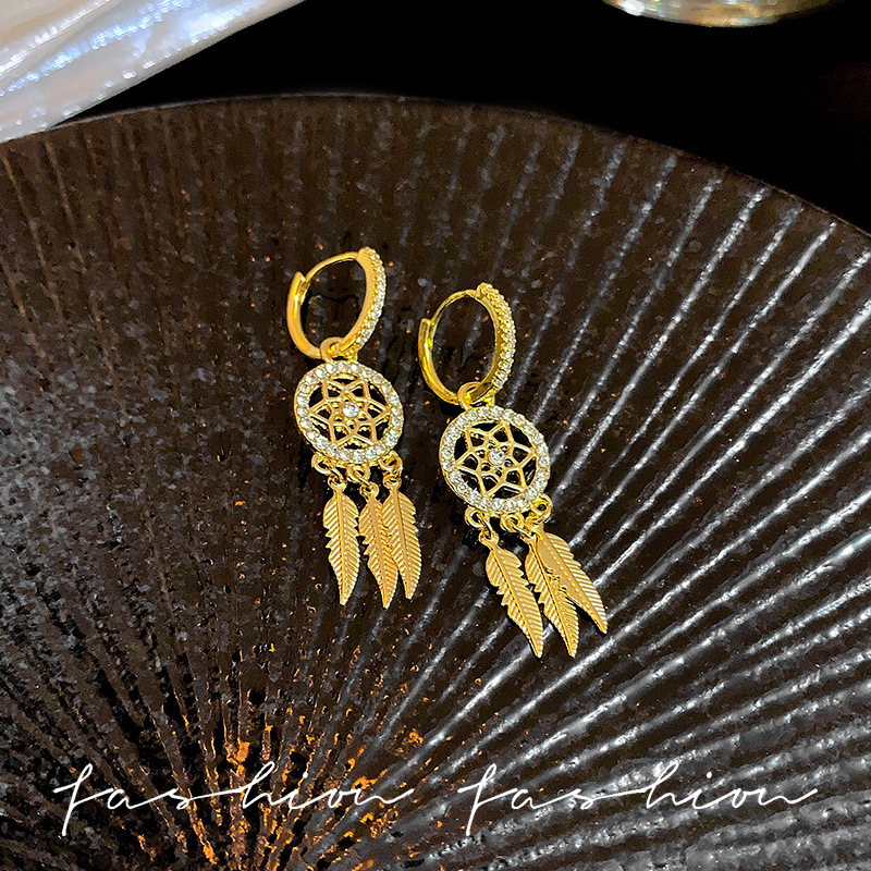 Korean super fairy-like micro-inset zircon feather earrings for women, long and high-end tassel earrings, personalized and elegant earrings wholesale Specification drawing