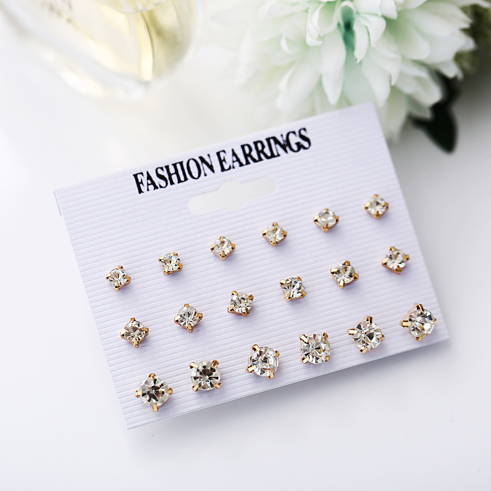 Wholesale of a new set of 9-pair creative, retro and minimalist four-pronged zirconia stud earrings from Europe and America Application Scenario