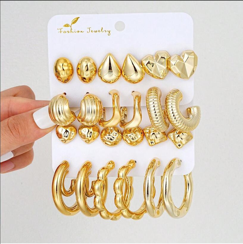 European and American cross-border fashion, individual, simple and irregular CCB teardrop heart earrings 12-piece set, card set, wholesale in stock full figure