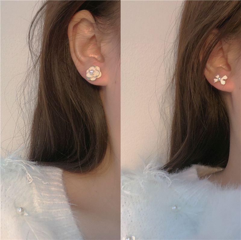 Super Fairy Camellia Pearl Stud Set of three pairs, with a unique design sense of flower stud earrings for women, S925 silver needle earrings details Picture