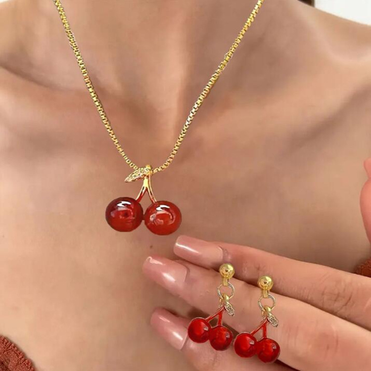 New cross-border best-selling, high-end, creative and cute cherry earrings and necklace set, light luxury and niche box chain accessories full figure