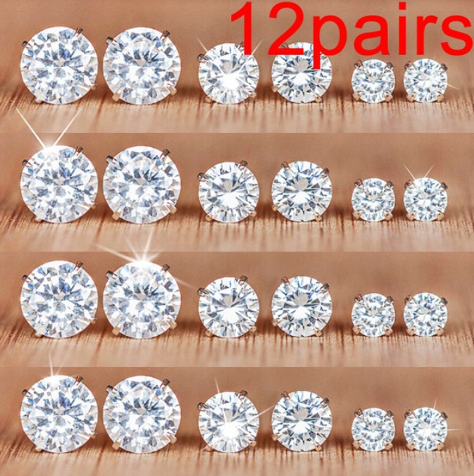 European and American export jewelry round six-prong crystal zircon set 12 pairs of stud earrings simple and elegant cross-border supply full figure