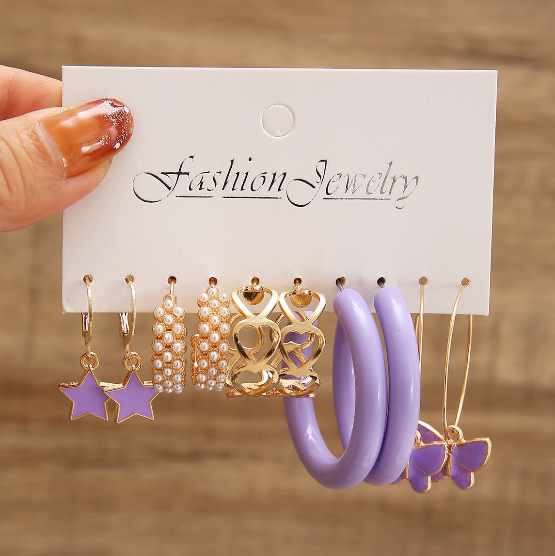 A 5-piece purple butterfly earring set for European and American export, with a retro style and a high-end look like pearl earrings full figure