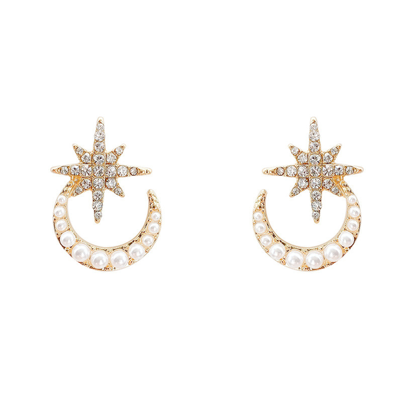 S925 Silver needle hexagonal star Moon Pearl Stud earrings for women, small, simple and cold style, new Instagram trend Item Picture