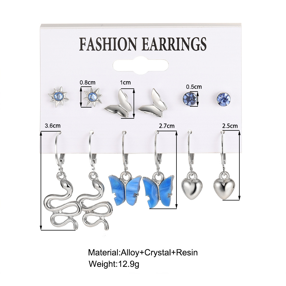 Cross-border new style exaggerated and personalized snake heart earrings, women's fashion acrylic butterfly pendant earrings 6-piece set details Picture