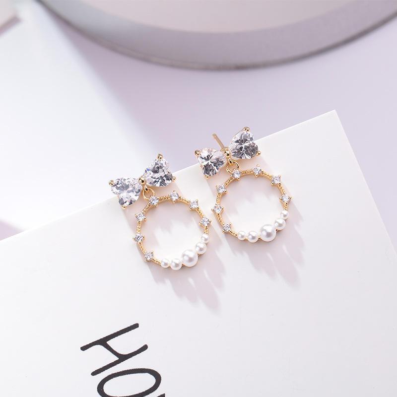 S925 Silver needle, Japanese and Korean style geometric circle bow, diamond-encrusted stud earrings, female Internet celebrity, personalized and versatile, trendy earrings and earrings Specification drawing
