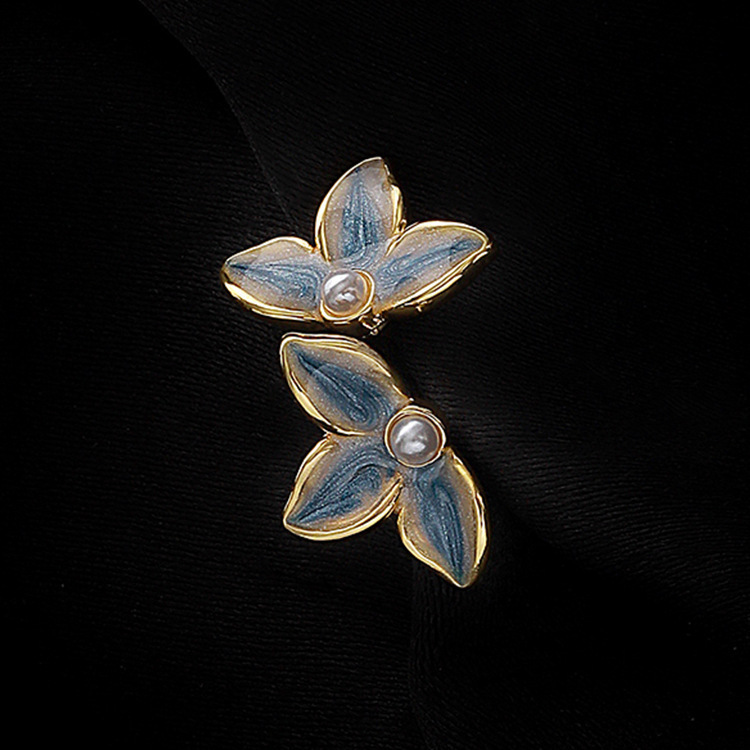 S925 Silver Needle Glazed Blue and gold flower Stud earrings, a fresh and niche design pearl earring accessory for women Specification drawing
