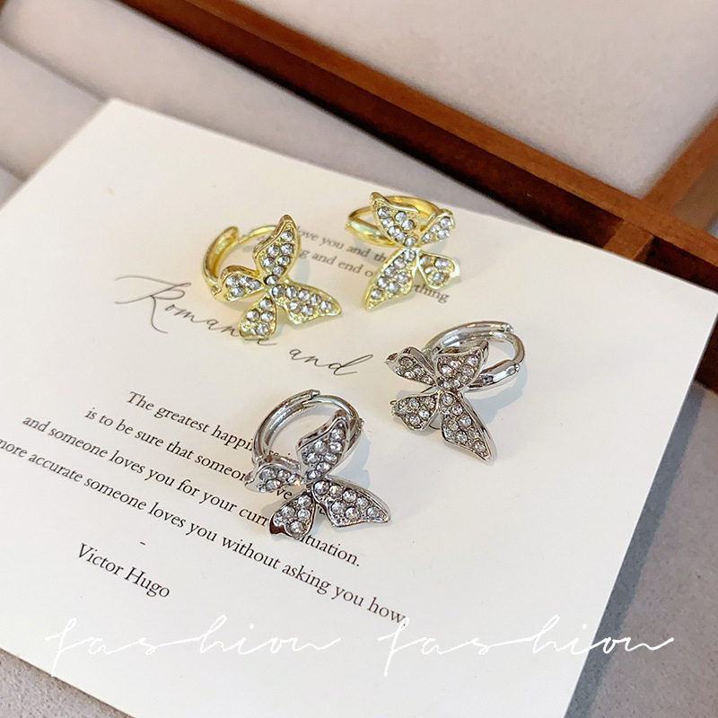 Korean three-dimensional diamond-encruted butterfly ring earrings, a new style of 2025 trendy French exquisite light luxury ear rings and ear buckles Specification drawing