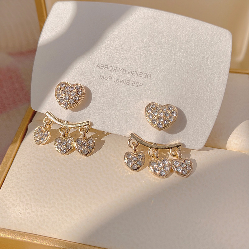 S925 Silver needle, gentle Korean style, heart, diamond-encrusted tassels, unique and trendy, small stud earrings for women Specification drawing