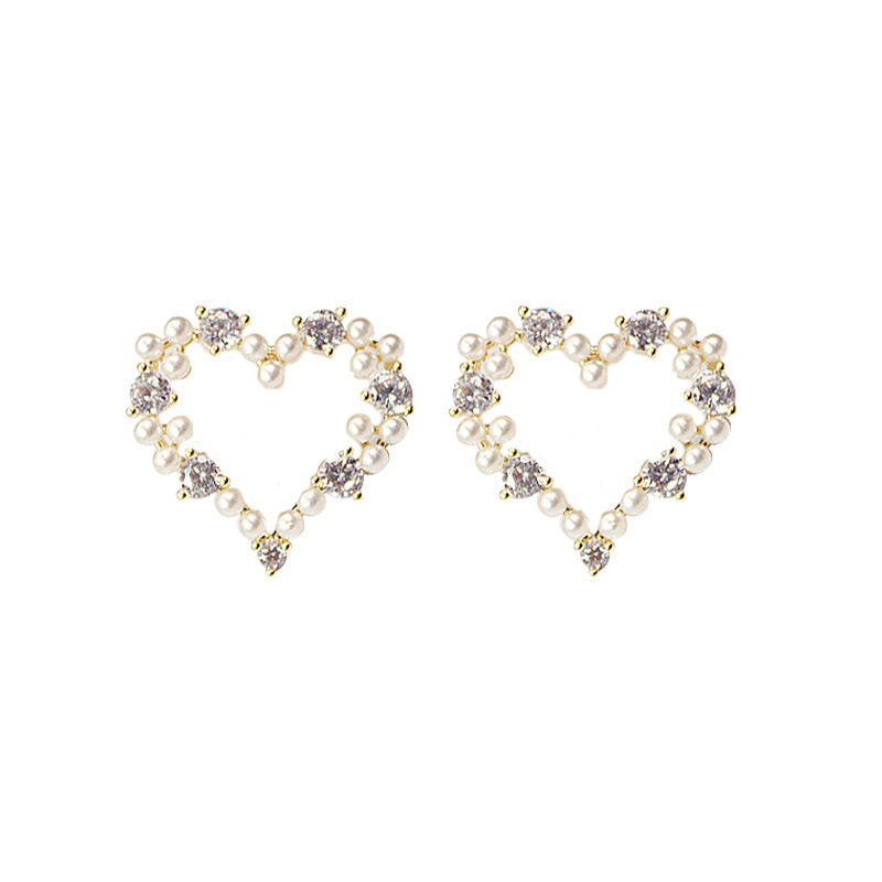 S925 Silver needle, Dongdaemun, South Korea, heart-shaped water diamond pearl, fashionable and elegant, sweet and delicate, small stud for women Item Picture