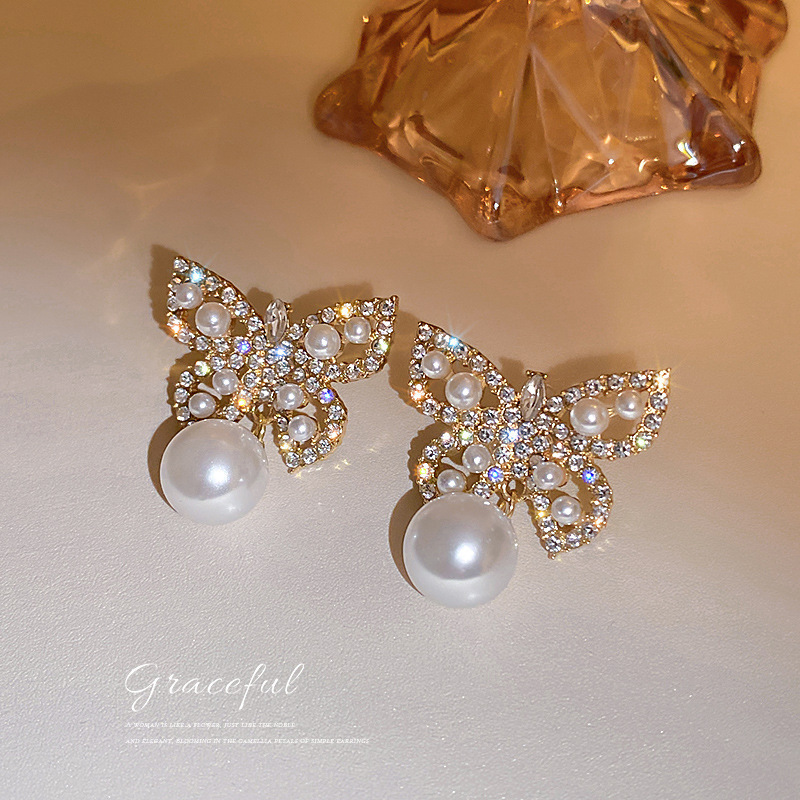 S925 Silver needle, Korean Dongdaemun diamond Pearl Butterfly Earrings, super ethereal design sense, women's earrings Specification drawing