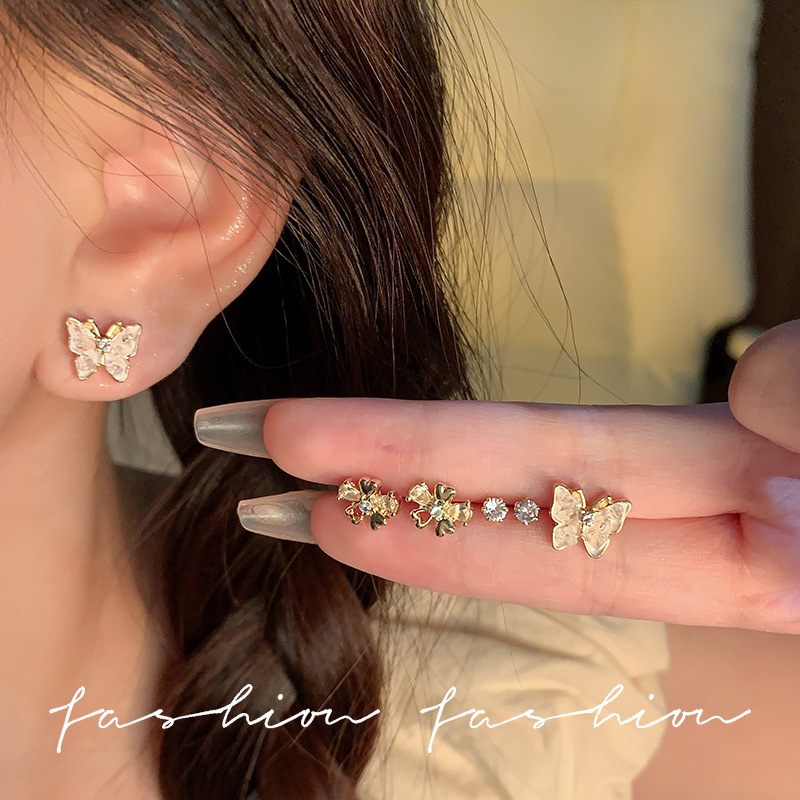 Six-piece set of micro-inlaid butterfly flower stud earrings for women, small, exquisite and simple earrings, stylish and versatile accessories details Picture