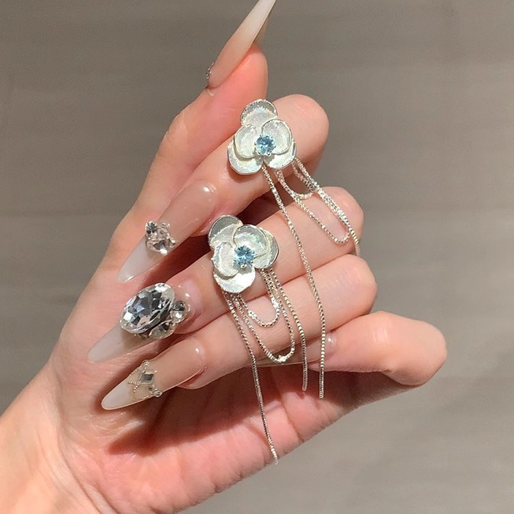 Super ethereal and sweet blue zircon stud earrings, women's camellia rear-hanging tassel earrings, women's design-sense earrings and accessories Application Scenario