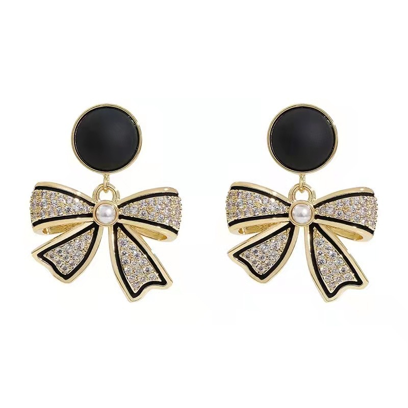 Korean black bow earrings with diamonds, exuding a light luxury vibe, and featuring a Hong Kong-style, niche design Item Picture