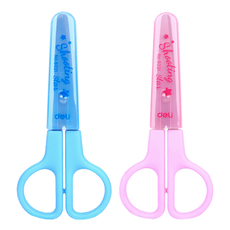 Deli children's scissors, safe handcrafted round head, small size for kindergarten with protective case, paper-cutting scissors, student small scissors Item Picture
