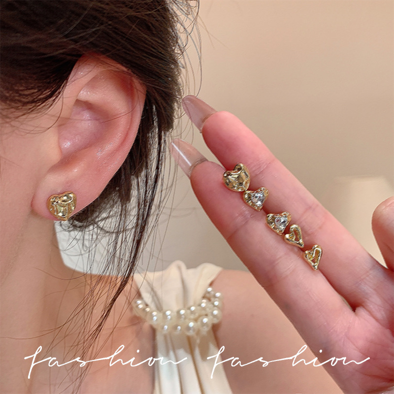 European and American niche design sense metal irregular concave-convex hammer pattern ear studs, light luxury high-end set earrings and earrings details Picture