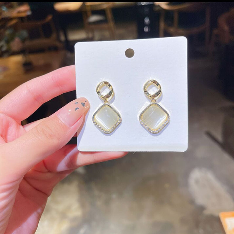 S925 Silver Needle cat's Eye Stone earrings, elegant and stylish geometric square diamond-encrusted earrings, simple and compact earrings wholesale Specification drawing