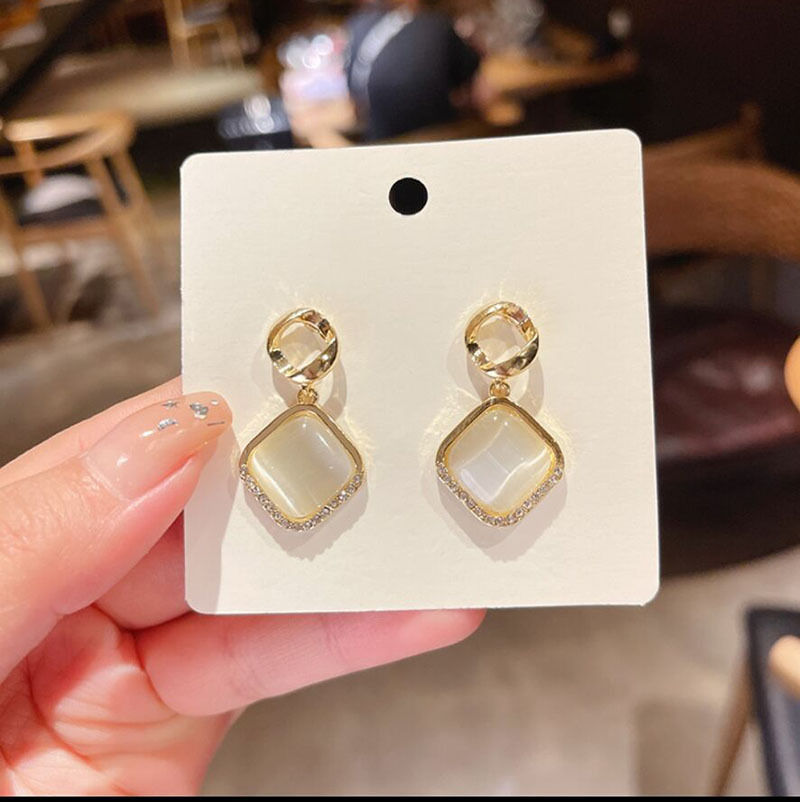 S925 Silver Needle cat's Eye Stone earrings, elegant and stylish geometric square diamond-encrusted earrings, simple and compact earrings wholesale full figure
