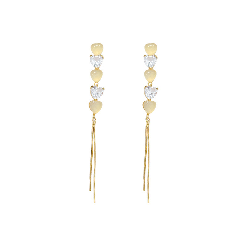 Cat's eye stone heart-shaped tassel earrings 2025 New bestseller, unique stud earrings, women's light luxury, niche and high-end earrings Item Picture