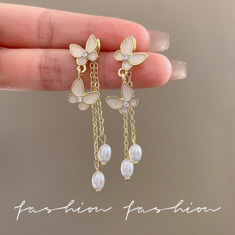 Pearl earrings, women's spring and summer butterfly long tassel earrings, niche high-end light luxury earrings, earrings, stud accessories details Picture