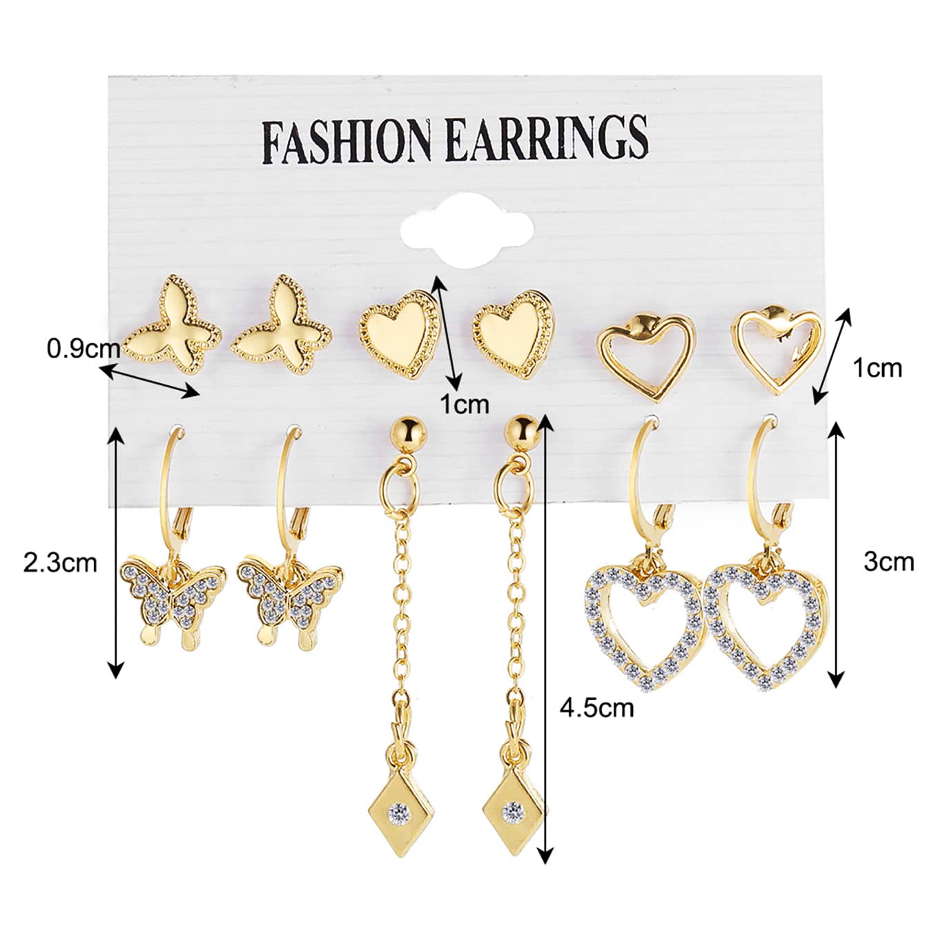 Cross-border retro metal heart Diamond earrings set of 6 pairs of creative full diamond butterfly hollowed-out heart pendant earrings Item Picture