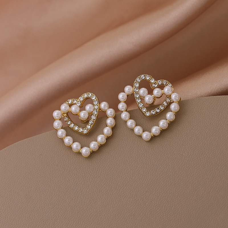 S925 Silver Needle Korean Double Heart Pearl Earrings, Little Chanel style, fashionable and internet-famous style earrings, stud earrings for women full figure