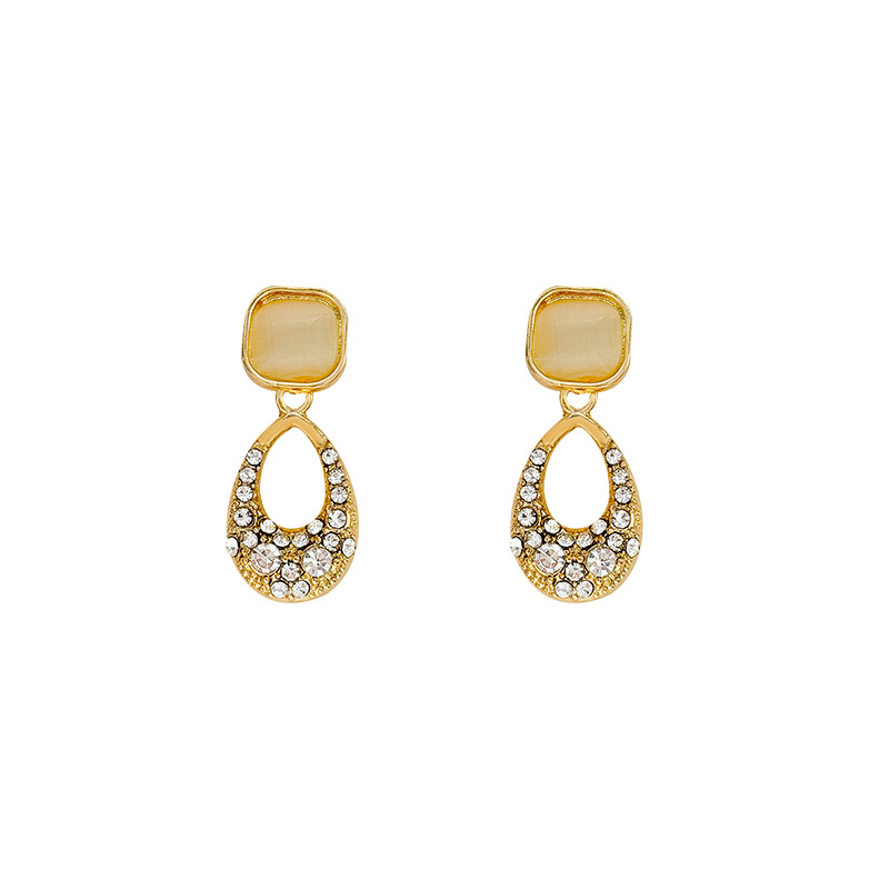 925 Silver needle Full diamond teardrop earrings, a niche design sense, cat's eye stone stud earrings, elegant, versatile and fashionable short earrings Item Picture