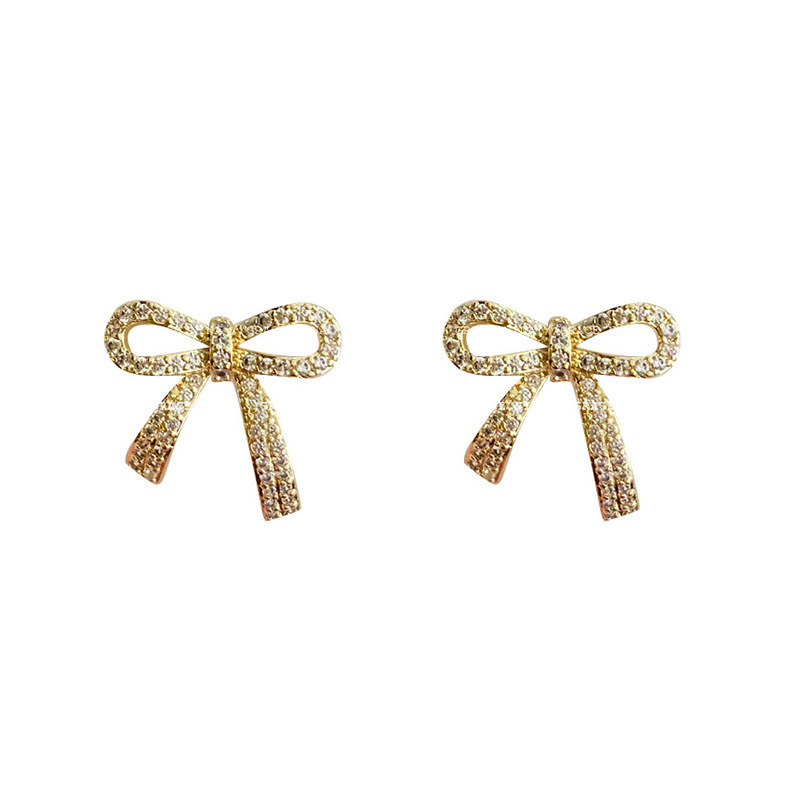 S925 silver needle simple and elegant water diamond bow stud earrings for women, a new trendy Korean Internet celebrity exquisite earrings Item Picture