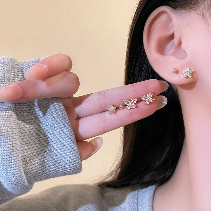 925 Silver Needle Star Butterfly Six-piece Set Zircon Stud Earrings for Women's Cold Style Zircon Stud Earrings High-end Set Earrings details Picture
