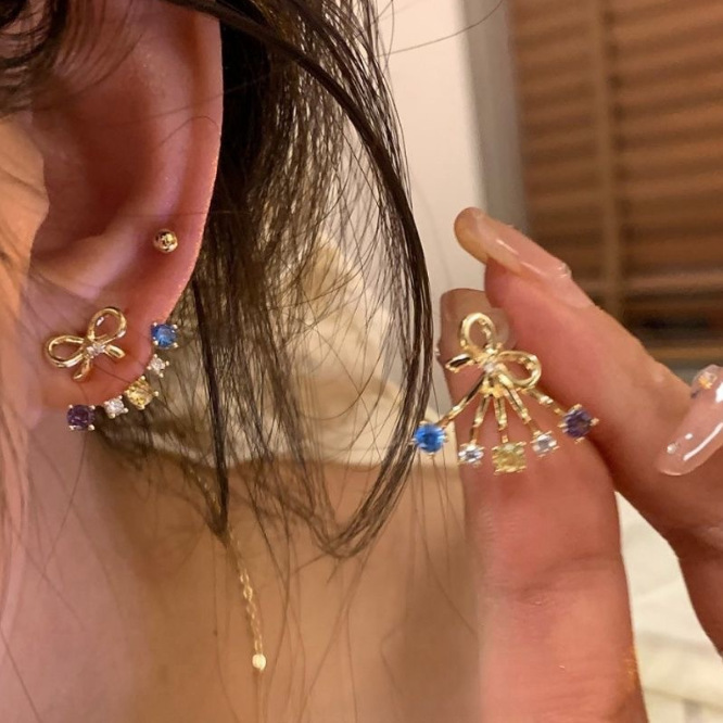 Colorful bow stud earrings for women, 925 silver needle double-wear personalized earrings, high-end Korean-style zircon earrings and pendants full figure