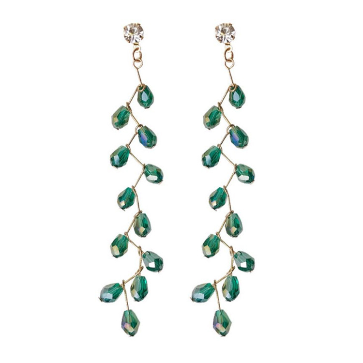 Korean retro tassel long stud earrings, simple and elegant crystal individual earrings, women's green crystal earrings, exquisite Item Picture