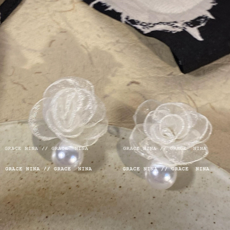 French camellia pearl stud earrings for women, light luxury and high-end style, forest-themed earrings, fabric mesh earrings wholesale details Picture