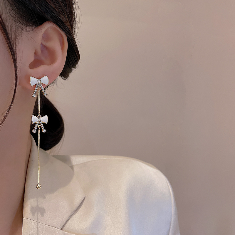 925 Silver needle Bow earrings, women's niche design sense, high-end long tassel earrings, personalized and elegant, trendy earrings details Picture
