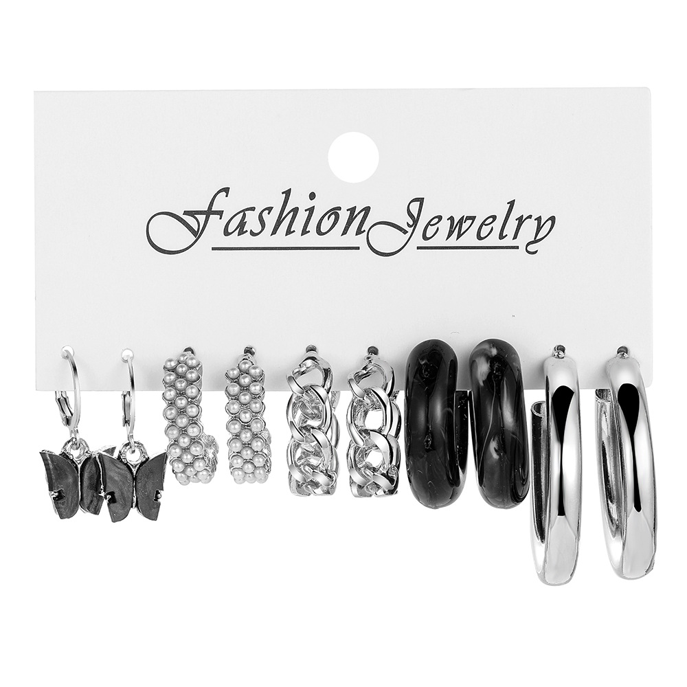 New cross-border black butterfly earrings set, ins simple acrylic C-shaped chain imitation pearl earrings Item Picture