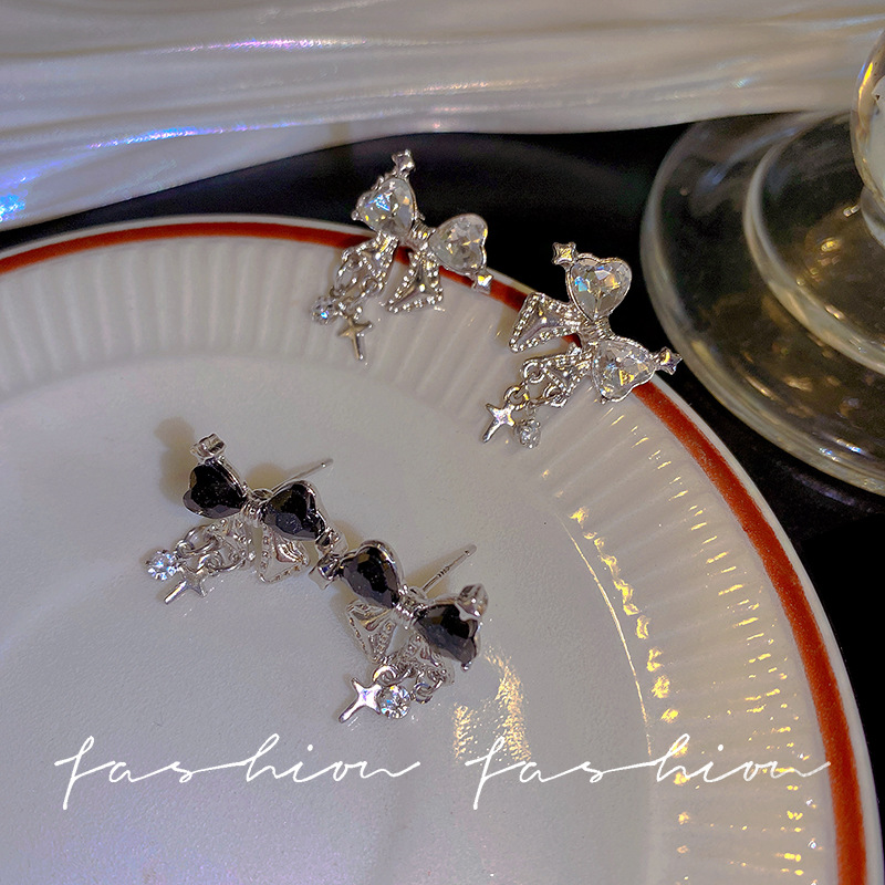 S925 Silver Needle Starlight Sparkling Bow Zircon Stud Earrings for women, a niche design with a high-end and fashionable style Specification drawing