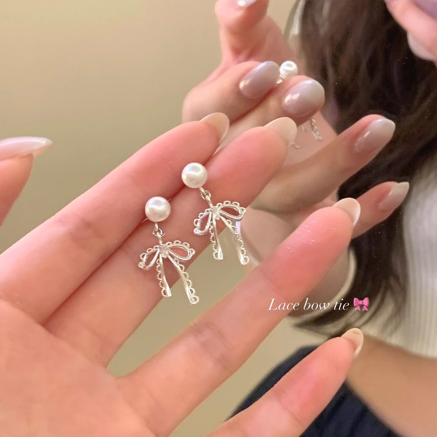 Korean-style lace bow pearl back-hanging earrings for women, light luxury, niche and high-end feel, unique design of stud earrings Application Scenario