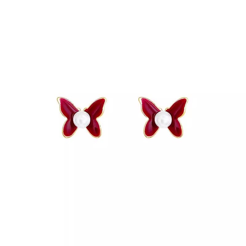 Red oil-dripping butterfly pearl stud earrings, small and cute, niche, simple and exquisite earrings, fashionable and versatile earrings Item Picture