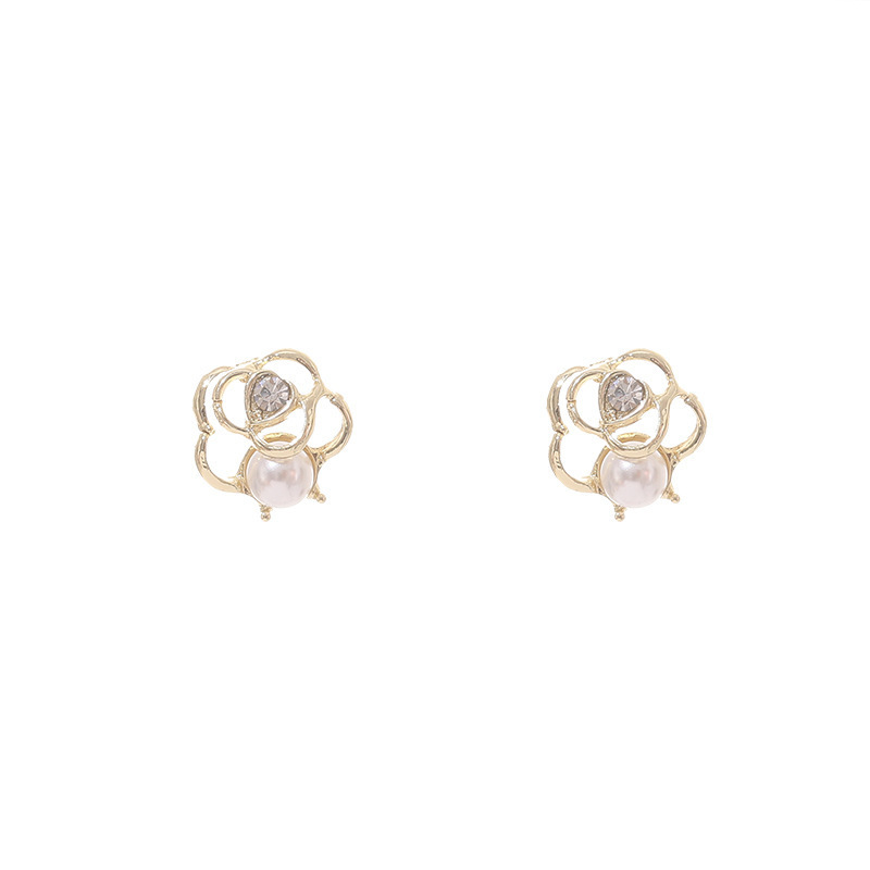S925 Silver Needle Korean niche design sense light luxury pearl three-dimensional hollowed-out new trendy French camellia stud earrings Item Picture