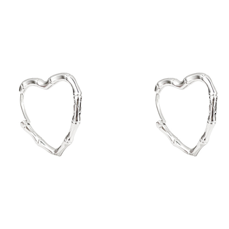 Bamboo-joint heart-shaped earrings with a niche design sense, high-end cool style, stud earrings, simple and unique temperament, silver needle earrings wholesale Item Picture