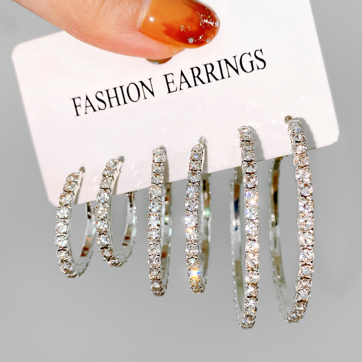 European and American fashionable shiny earrings, high-end, creative and simple with rhinestones, exaggerated large, medium and small ring ear rings 3 pairs Specification drawing