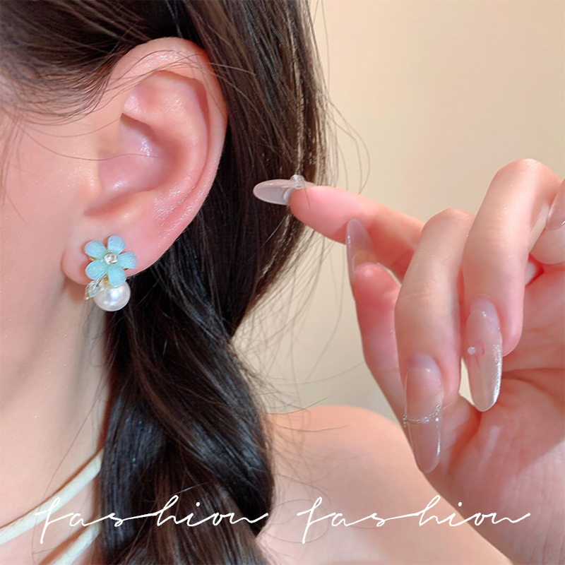 s925 Silver Needle ice-transparent blue flower pearl stud earrings, elegant and light luxury earrings, fashionable and high-end earrings for women, trendy Specification drawing