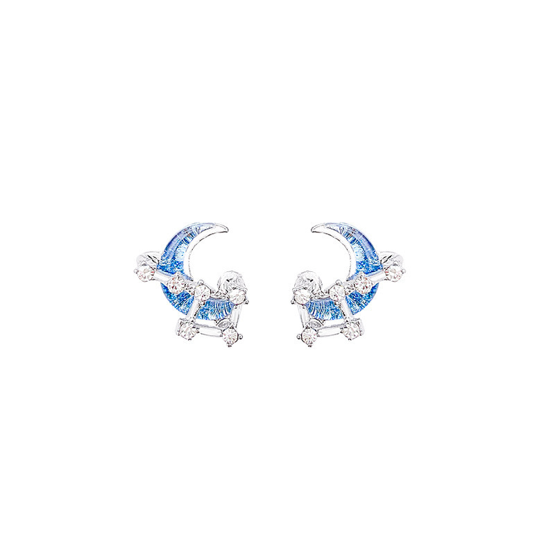Super ethereal and clear blue moon stud earrings for women's Instagram niche, dreamy and versatile design earrings. New zircon earrings are trendy Item Picture
