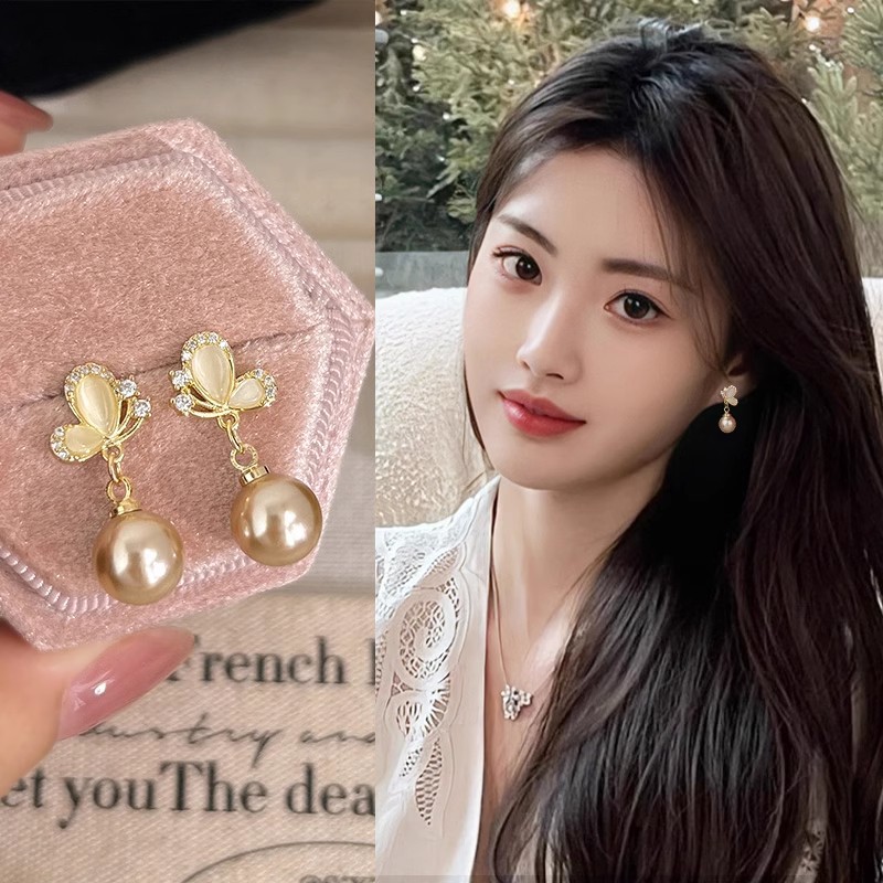 French micro-inlaid zircon butterfly pearl earrings, women's light luxury and versatile earrings, exquisite, small and high-end earrings full figure